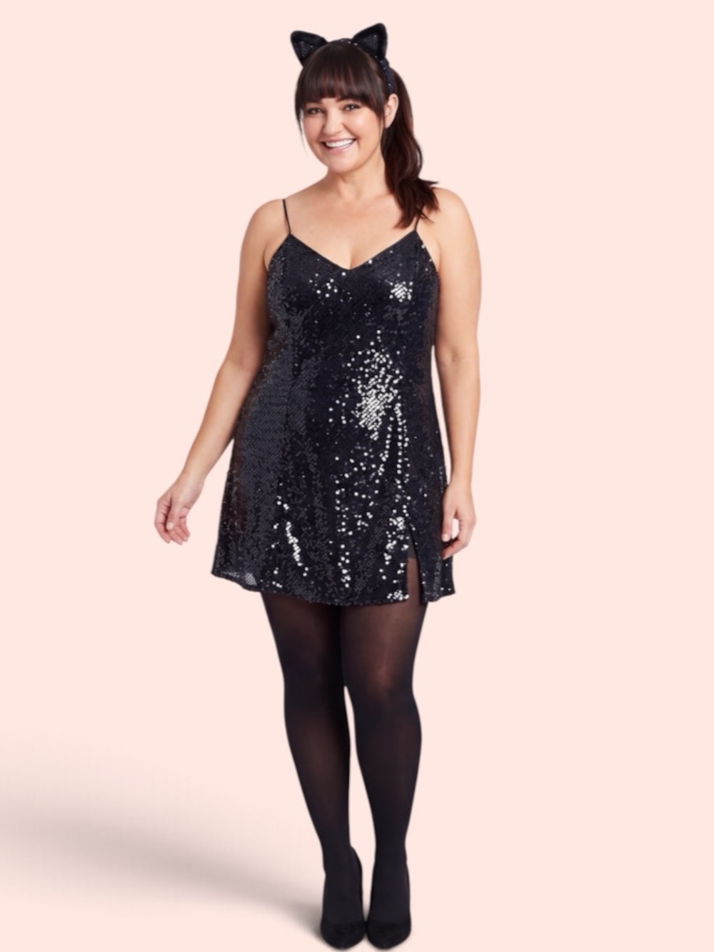 Vintage sparkle mini sequin nightie chemise slip minidress cat ears halloween